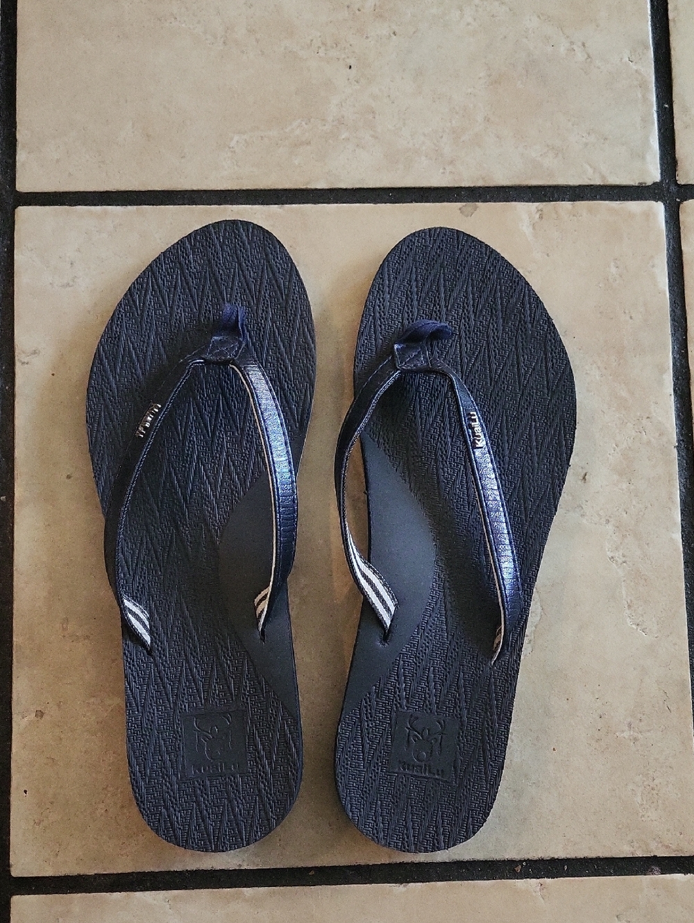 Women's Navy Flip Flop Sandals with Metallic Straps